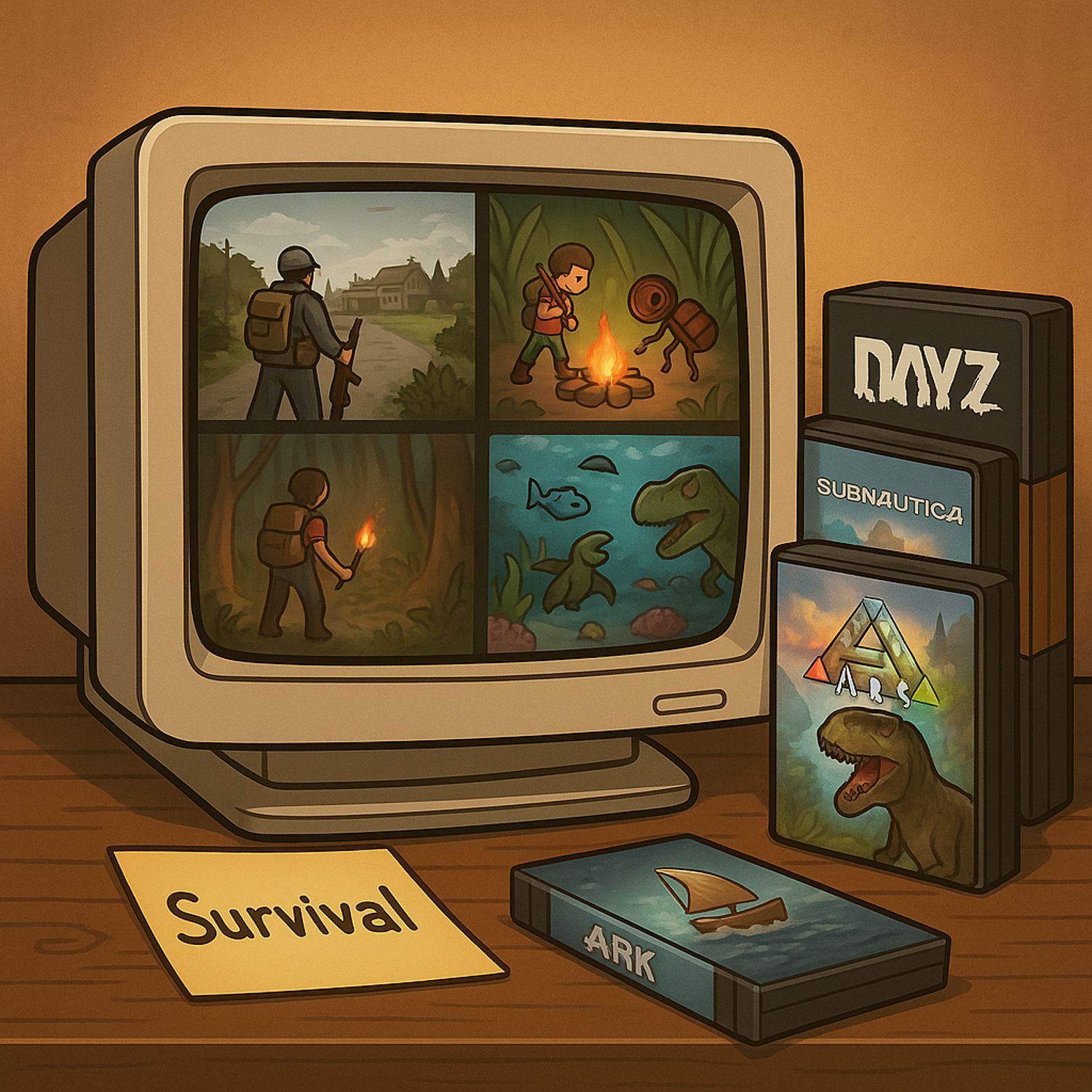 Survival-Spiele: DayZ/ARMA, Green Hell, Grounded, The Forest, Subnautica, Raft, ARK