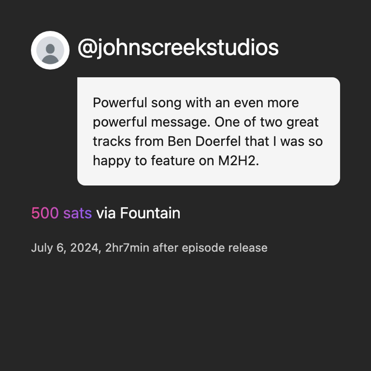 500 sats from @johnscreekstudios