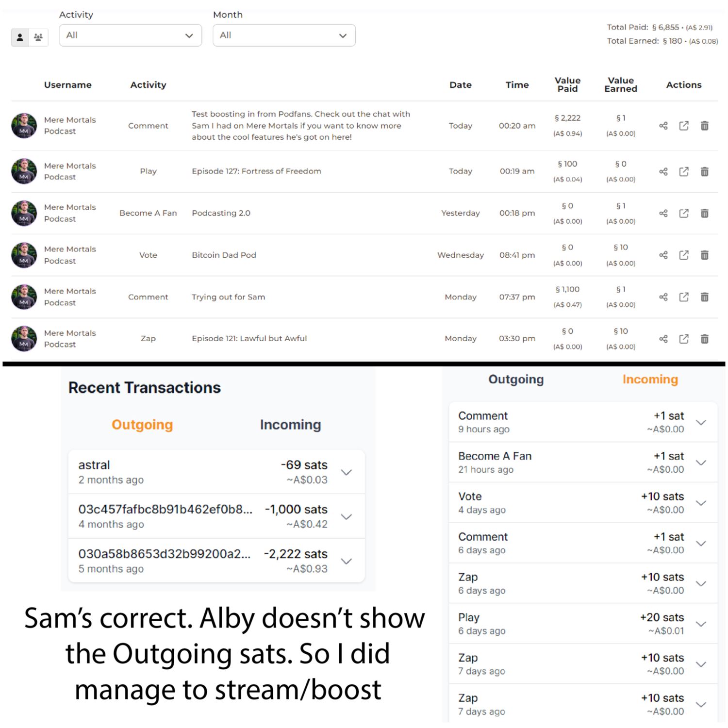 Boosting/streaming & Alby transactions