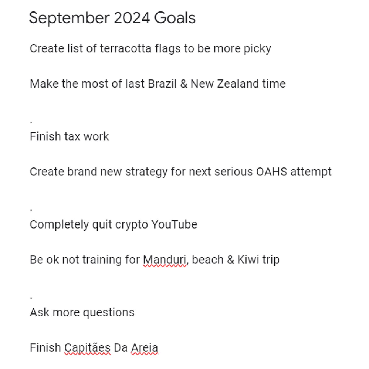 Kyrin's September 2024 Goals