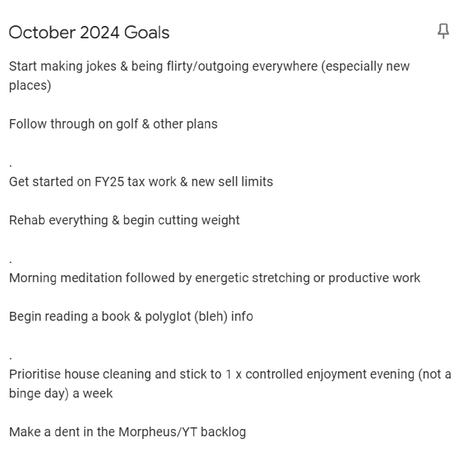 Kyrin's October 2024 Goals