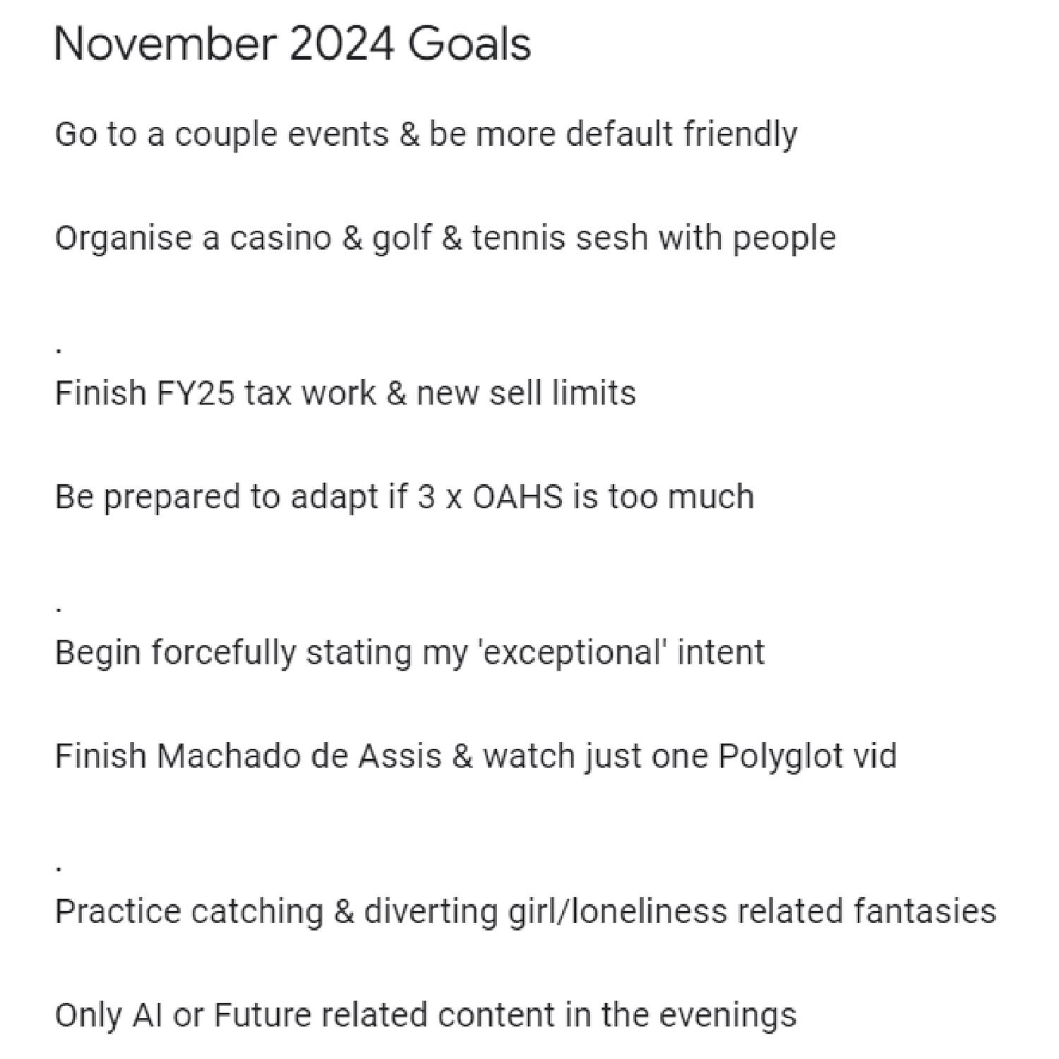 Kyrin's November 2024 Goals