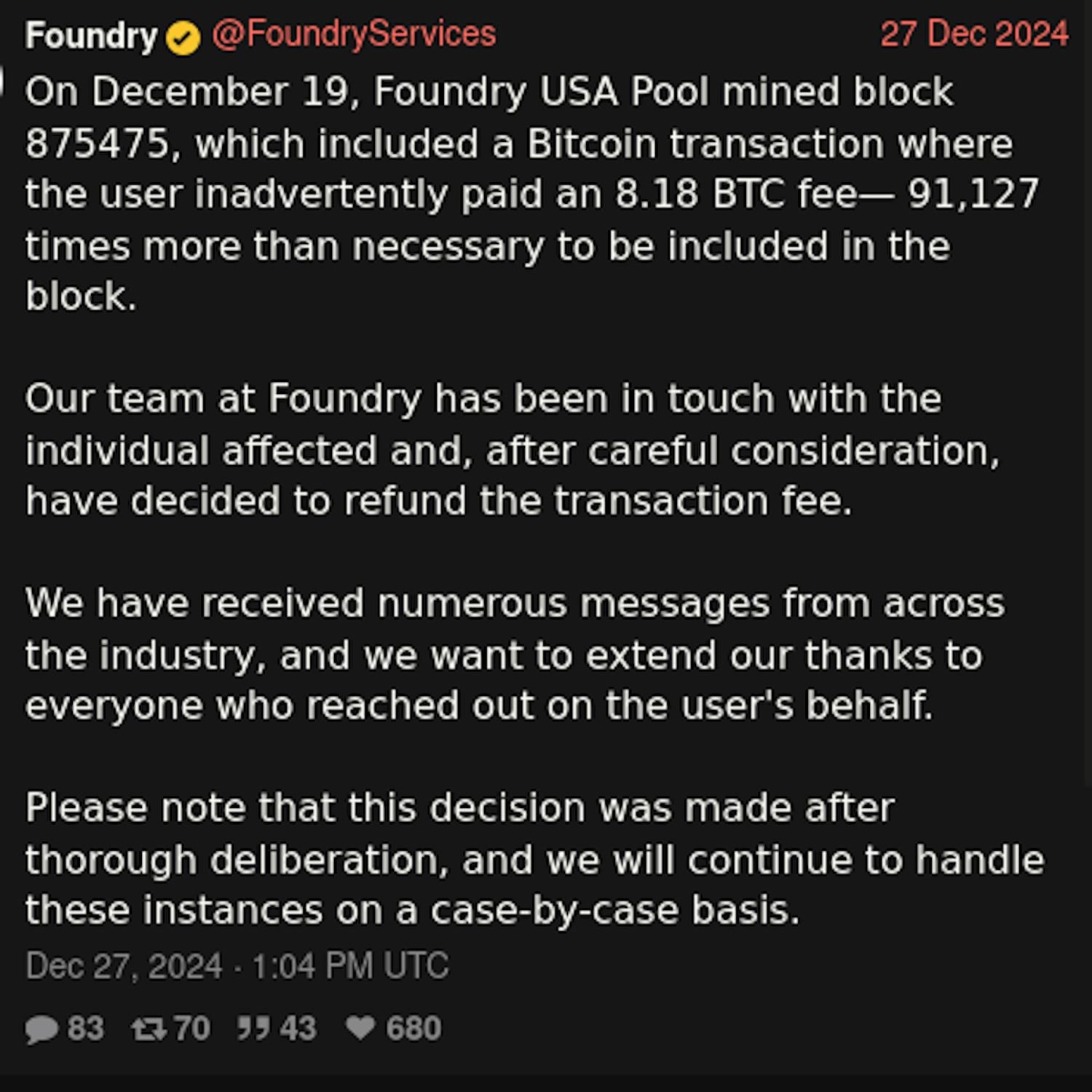 Foundry Returns 8 BTC Fee